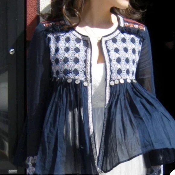 Zara Embroidered -Boho open jacket top with coin accents- Dark Navy Blue - Picture 3 of 16